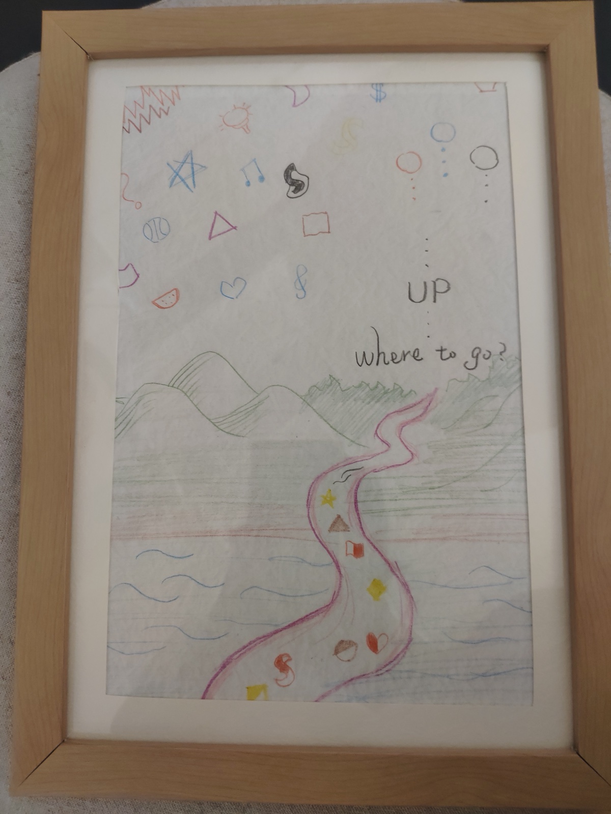 Pencil and coloured-pencil drawing: small symbols scattered across the upper page, the words UP and where to go?, and a winding pink path leading through mountains and water.