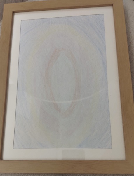Pale coloured-pencil page: a soft blue and yellow field with a faint pink oval at the centre.