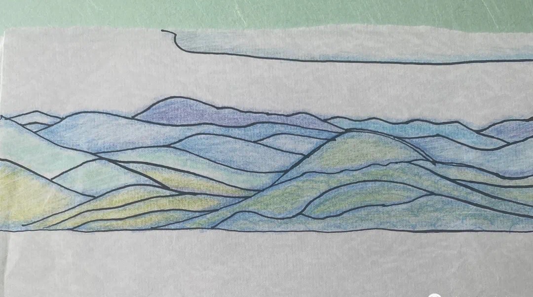 Ink outlines filled with blue, green and violet, forming layered ranges of hills or waves across a strip of paper.